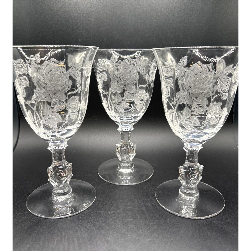 Heisey Waverly Rose Fine crystal Water/Wine Goblets Set of Three Vintage 40s/50s